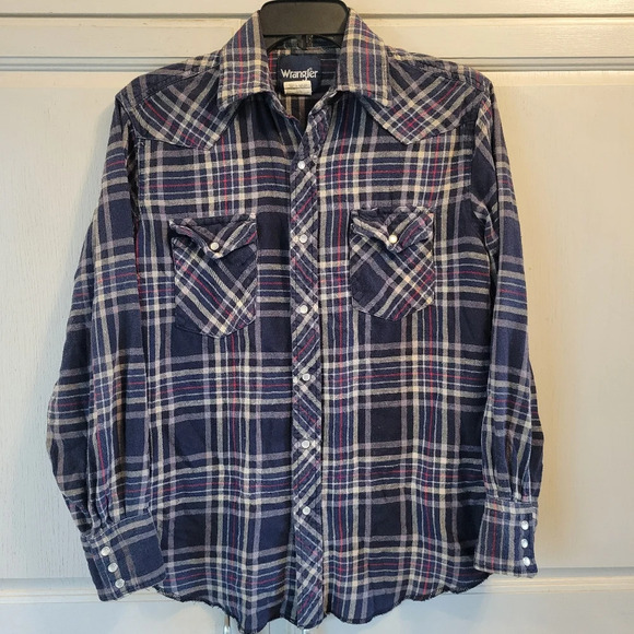 Vintage Wrangler Western Fit Long Sleeve Plaid Pearl Snap Button Flannel Shirt - Picture 1 of 6